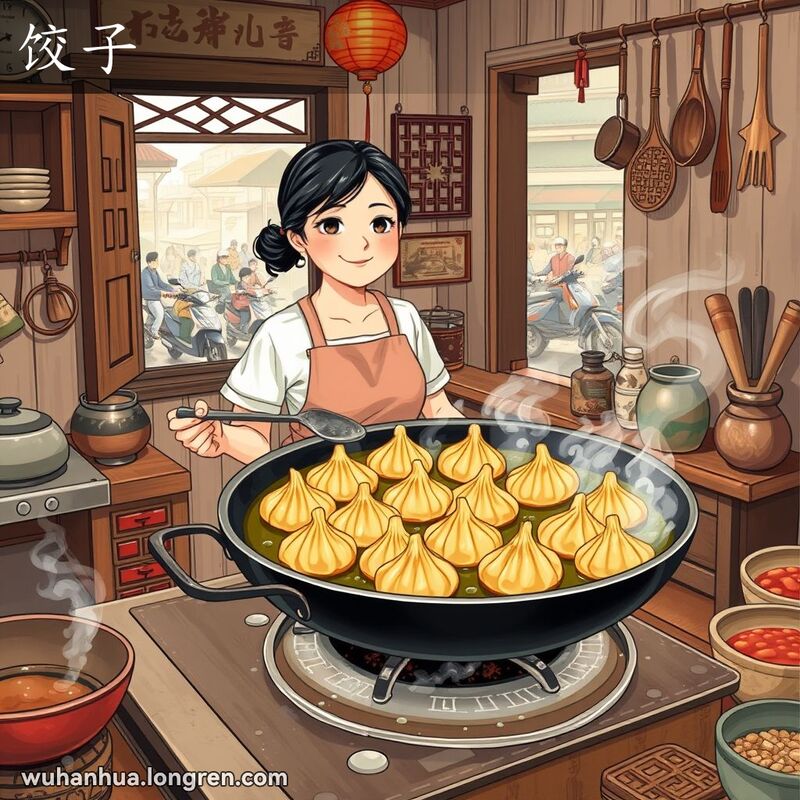 一位武汉妇女在厨房煎饺子，饺子在锅中发出滋滋声，背景是传统的武汉厨房。