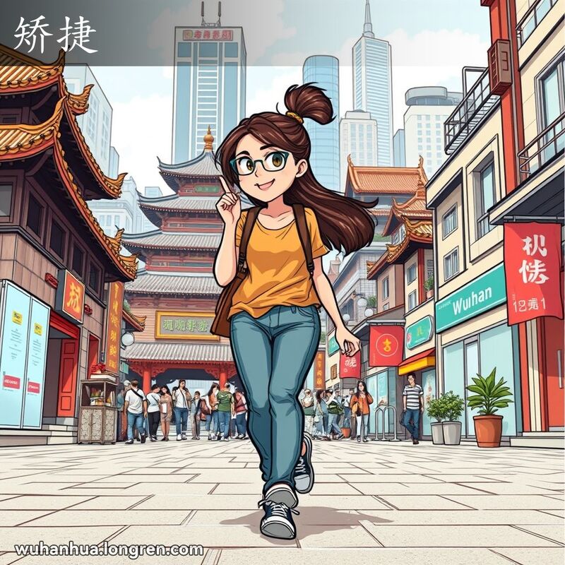 一位年轻的武汉女子在街上行走，被绊倒后迅速恢复平衡，脸上露出尴尬的表情，背景是武汉的老街和现代建筑