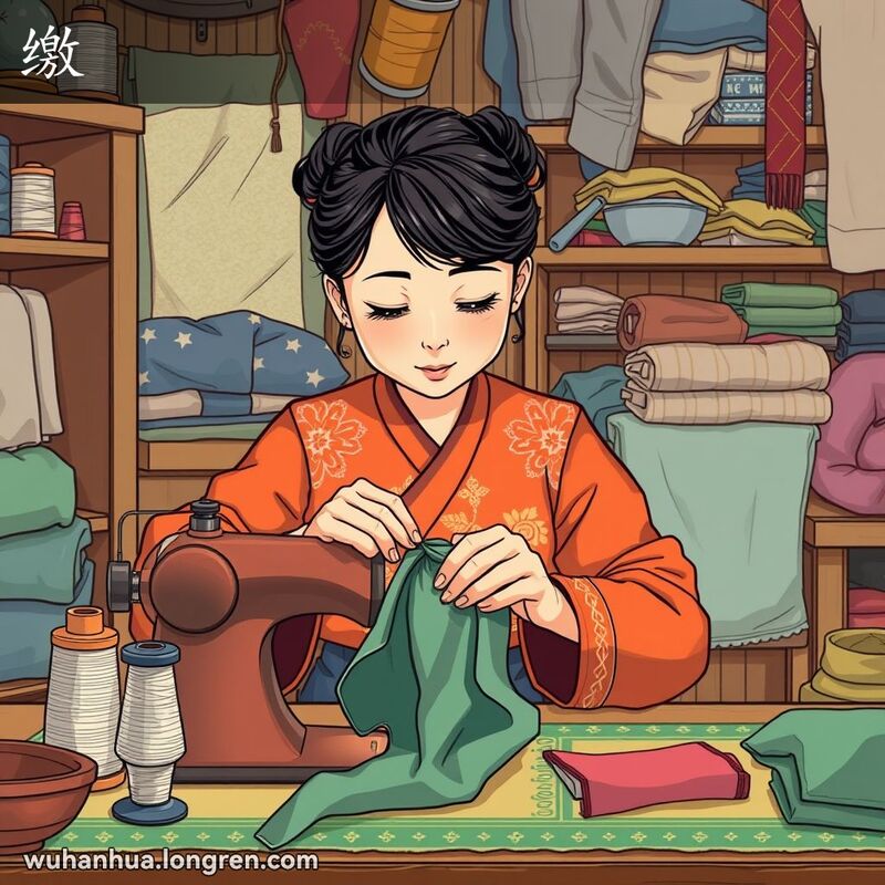 一位武汉妇女坐在缝纫桌前，专注地进行“缴”边儿的缝纫工作，背景是温馨的房间，摆满缝纫工具和布料