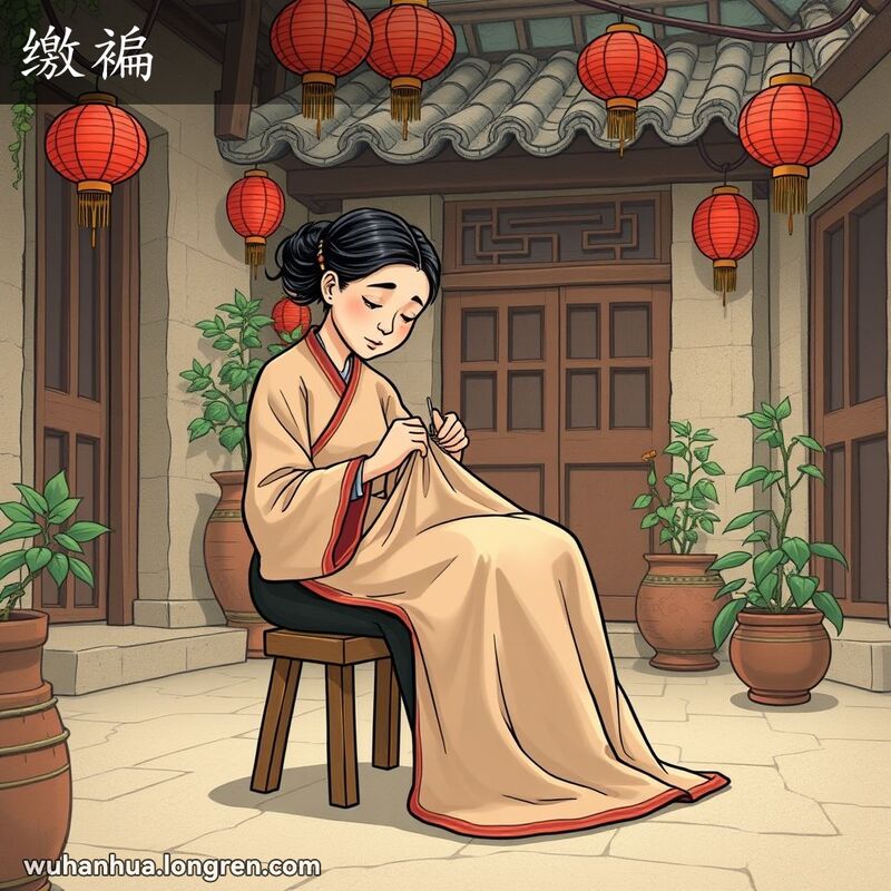 一位武汉妇女坐在庭院中缝衣边，背景有红灯笼和传统建筑