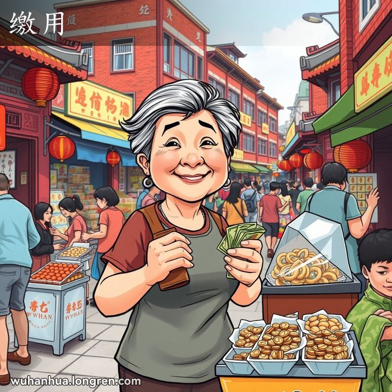 一位中年妇女在武汉市场中数钱，背景是热闹的市场和红砖墙