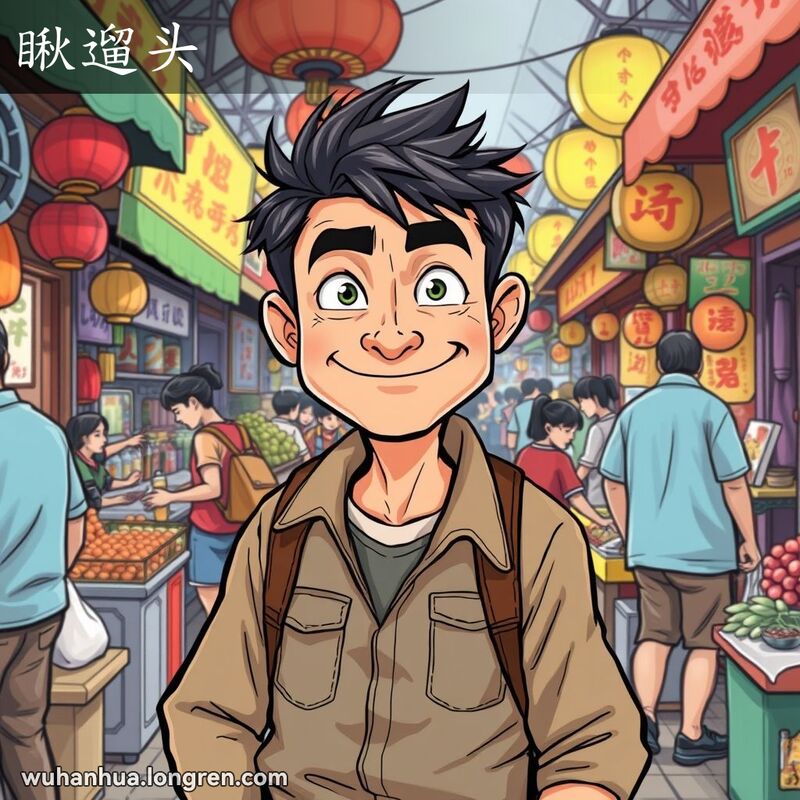 一位武汉男子在市场中四处张望，寻找机会占便宜，背景是热闹的市场摊位
