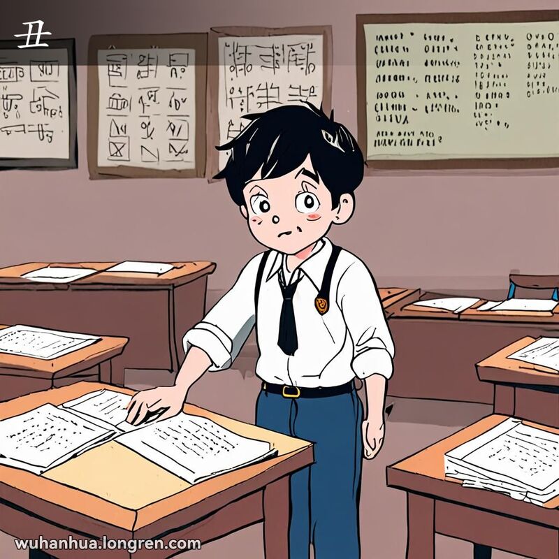 一位武汉学生在教室里看着试卷，脸上露出“丑”的表情，背景是老式教室