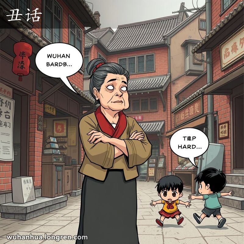 一位中年妇女站在武汉老街上，严肃地看着一群玩耍的孩子，准备说丑话。