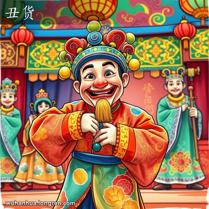 一位身穿传统戏曲服装的演员在舞台上扮演丑角，表情夸张，背景是热闹的戏曲舞台