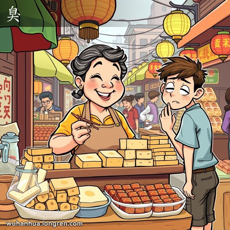 武汉街头市场，妇女在摊位后卖臭豆腐，顾客好奇地闻着气味，背景有其他小摊贩和五彩遮阳伞