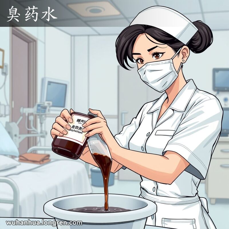 一位护士在医院病房内，手持一瓶深棕色消毒剂，正专注地倒入盆中，背景是医院环境