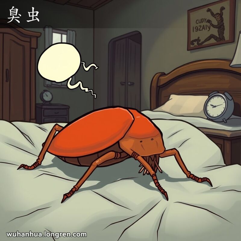 一只扁平、赤褐色的臭虫在皱巴巴的床单上爬行，背景是老式卧室，画面幽默但略带不安。
