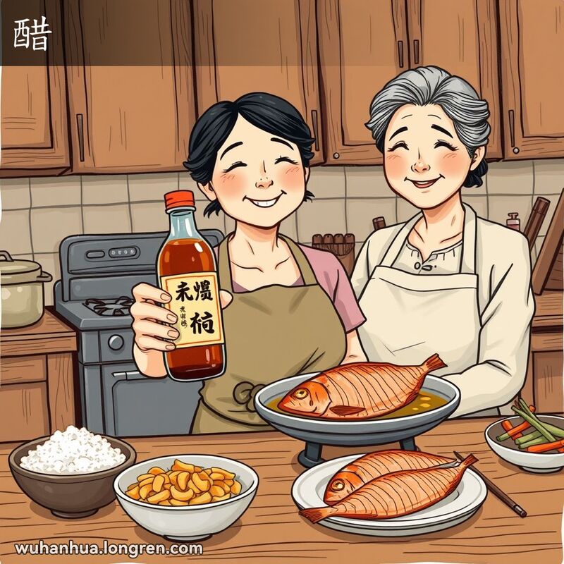 一位中年妇女在传统武汉厨房中，手持醋瓶准备倒在鱼上，背景是木质餐桌和烹饪材料。