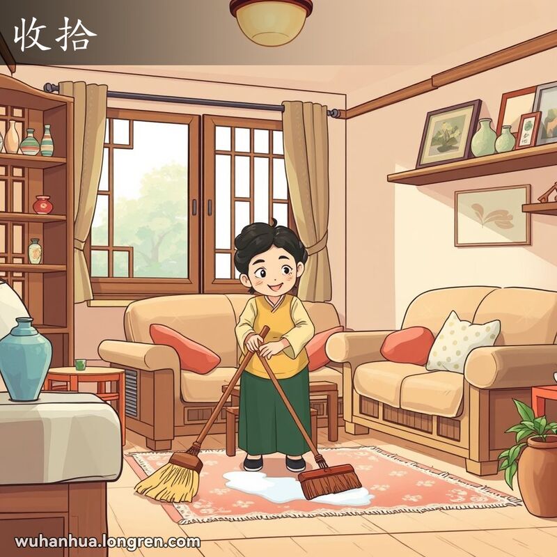 一位中年妇女在传统武汉风格的客厅里忙碌，用扫帚清扫地板，擦拭家具，表情专注。