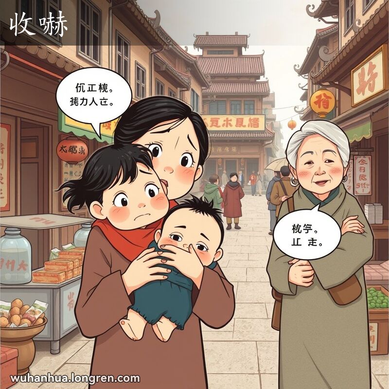 一位母亲在武汉老街上抱着受惊吓的孩子进行“收嚇”仪式，旁边老妇人回应“回了”，背景有小摊贩和中药铺