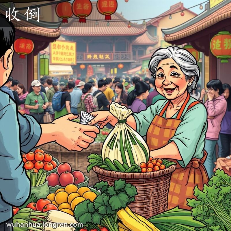武汉市场中，一位中年妇女微笑着从顾客手中接过蔬菜，放入篮子中，表现“收倒”的场景。