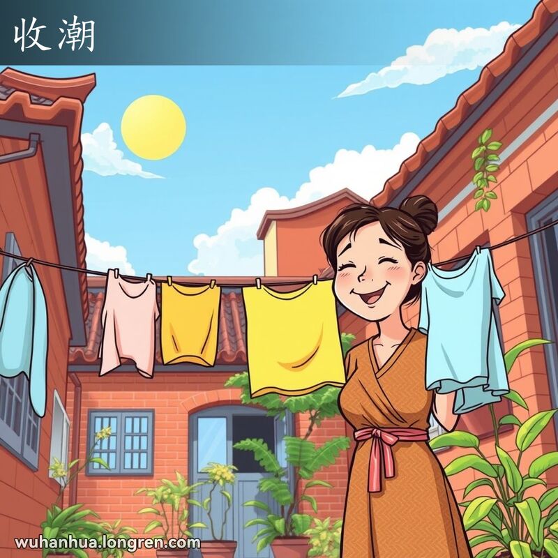 晴朗的武汉日子，妇女在院子里晾晒衣物，衣物在干燥的空气中迅速变干，背景是武汉传统建筑。