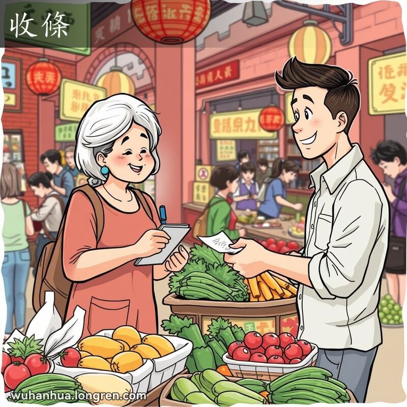 武汉市场中，一位妇女在摊位后写收据，旁边的顾客递钱，背景是热闹的市场景象。