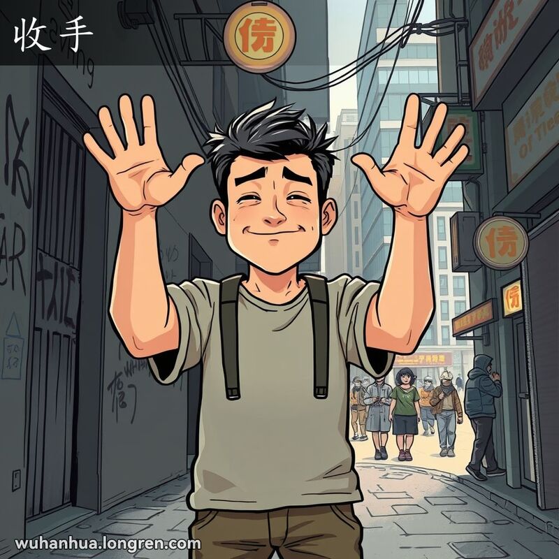 一位男子在武汉小巷中举手投降，背景暗示过去，前方街景象征新生活，表达“收手”的含义。