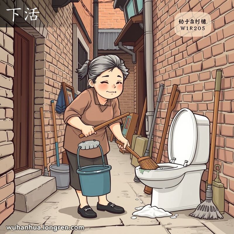 一位中年妇女在武汉老巷子里清洗蹲式马桶，背景有扫帚和拖把等清洁用具
