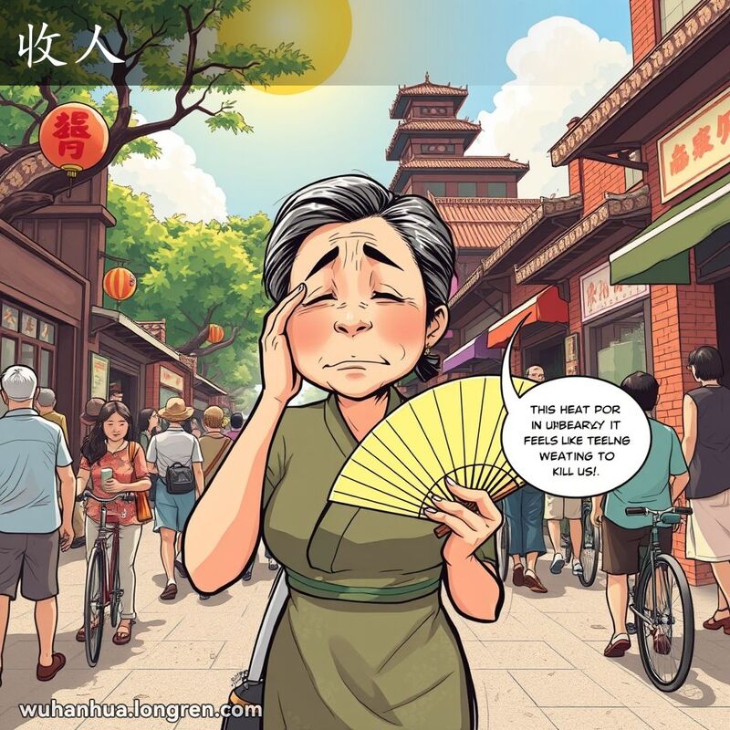 炎热夏日，武汉街头，一位中年妇女手持扇子，表情痛苦，背景是武汉老街景。