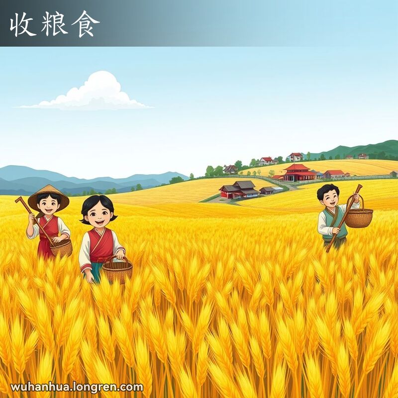 农民在金黄麦田中收割粮食，背景是蔚蓝天空和传统村庄