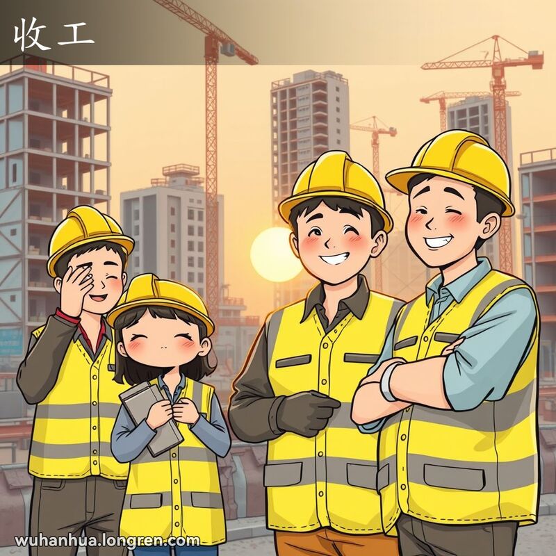 一群武汉建筑工人在工地上结束一天的工作，背景是夕阳西下的景象