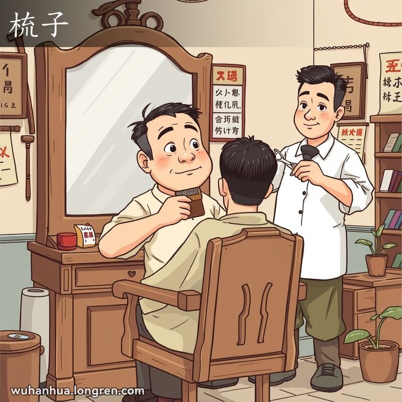 一位中年男子在武汉传统理发店里用梳子梳头发，理发师在旁边准备帮忙，背景是老式理发店的工具和装饰