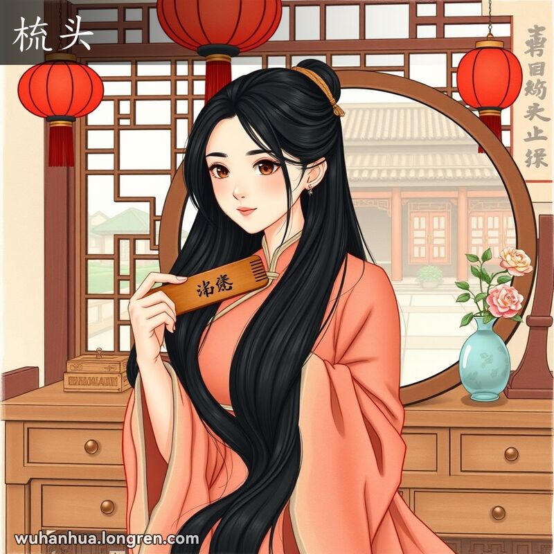 一位武汉女子坐在梳妆台前，手持木梳梳理长发，房间装饰有红灯笼和书法卷轴，窗外是中式庭院。