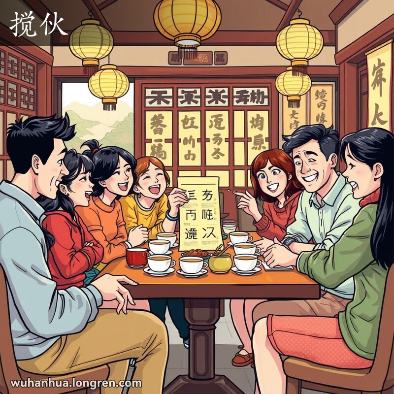 一群朋友在武汉茶馆里围坐讨论，手持计划纸，桌上有茶杯和小吃，背景有灯笼和书法挂轴，表现“搅伙”的合作氛围