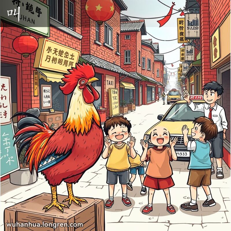 武汉街头热闹场景，公鸡鸣叫，孩子们拍手叫好，男子招手叫车，背景有信托公司招牌