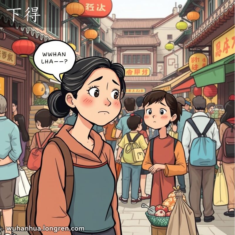 一位武汉妇女在市场中看到贫困小贩露出“下得”的表情，背景是热闹的武汉市场
