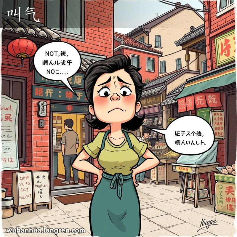 一位武汉妇女在街边小店前不停呼唤某人，表情不耐烦，背景是武汉老街景