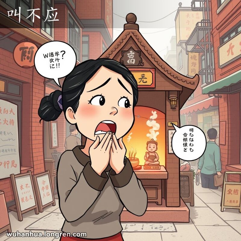 一位女子在武汉老街小庙前大声呼喊，但无回应，表情失望和困惑，背景是武汉老街景