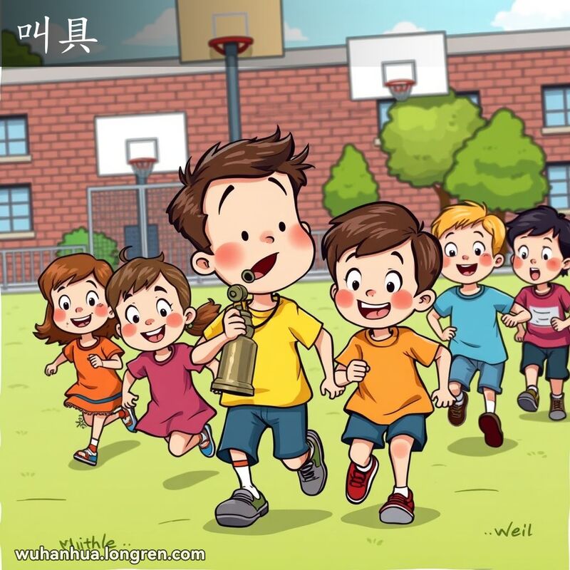 一群孩子在学校操场上玩耍，一个孩子吹响挂在脖子上的金属哨子，其他孩子跑向他，背景是学校环境
