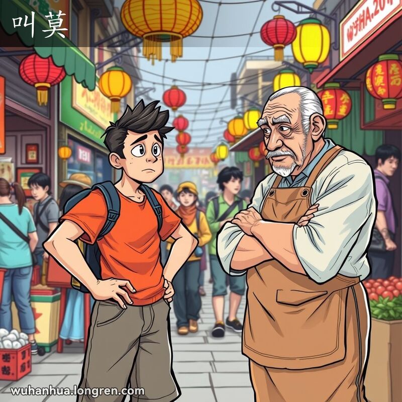 一位年轻人在武汉街头市场上试图说服一位固执的老摊贩，背景是热闹的市场摊位和当地居民