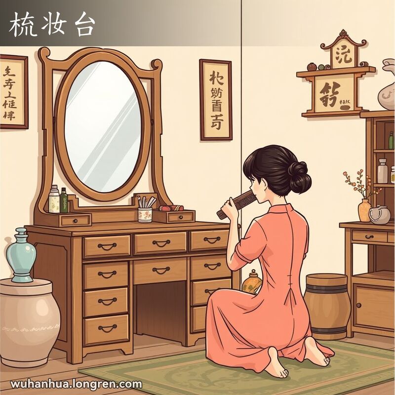 一位女性坐在传统的武汉家庭梳妆台前，用木梳梳理头发，背景是复古的中式家具和装饰