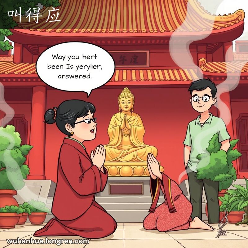 一位中年妇女在武汉寺庙前祈祷，背景是红墙金顶的寺庙和香火，体现“叫得应”的灵验之意