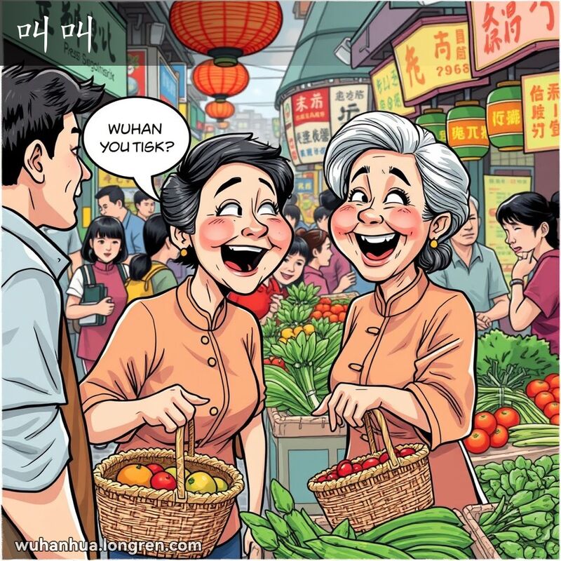 一位中年妇女在武汉市场热情呼喊摊贩，背景是热闹的市场场景。