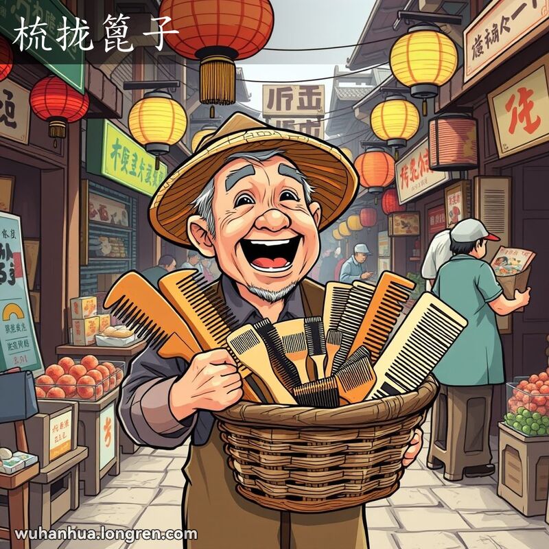 一个戴草帽的老年小贩在武汉街头市场高声吆喝卖梳子，背景有其他摊贩和灯笼。