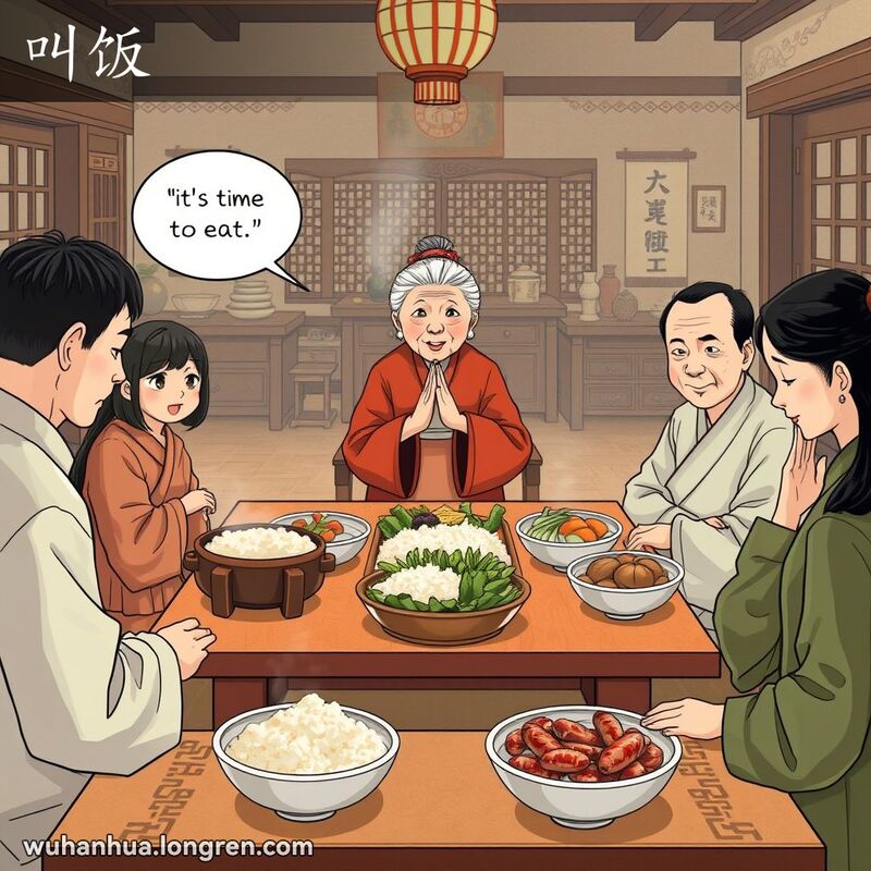一个武汉家庭在供桌前祭奠亡者，老妇人呼唤亡者“吃饭了”，背景是温馨的家庭环境