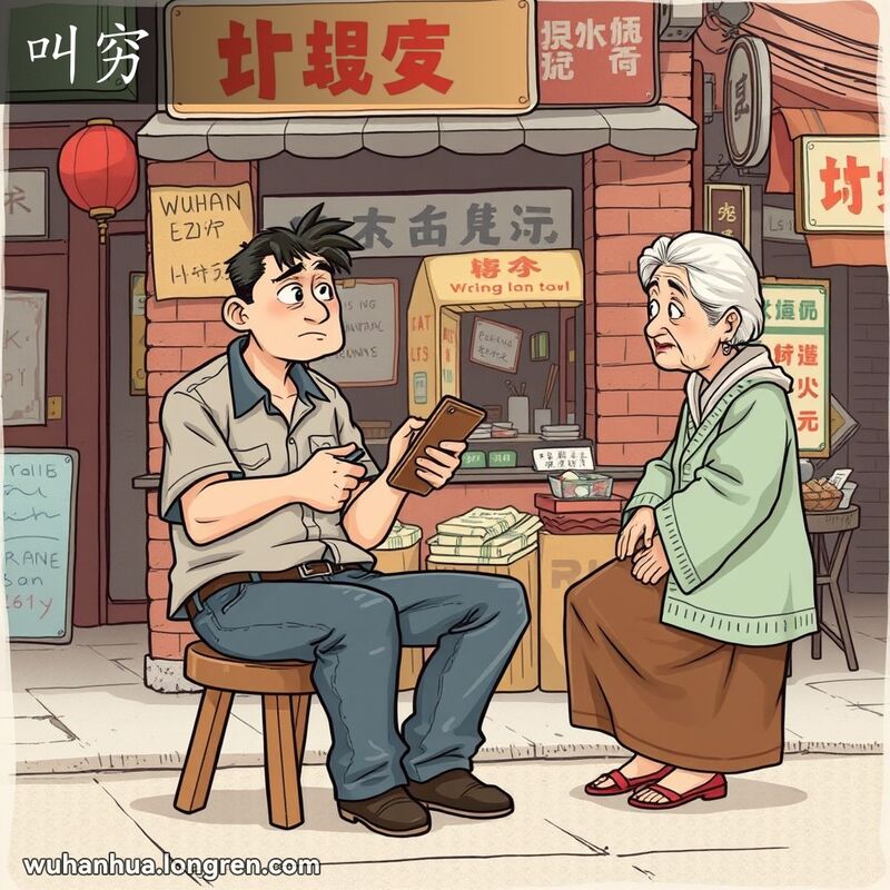 一位男子坐在街边摊前的木凳上，手持空钱包，面露忧虑，向摊主诉说自己的经济困境，背景是武汉老街景