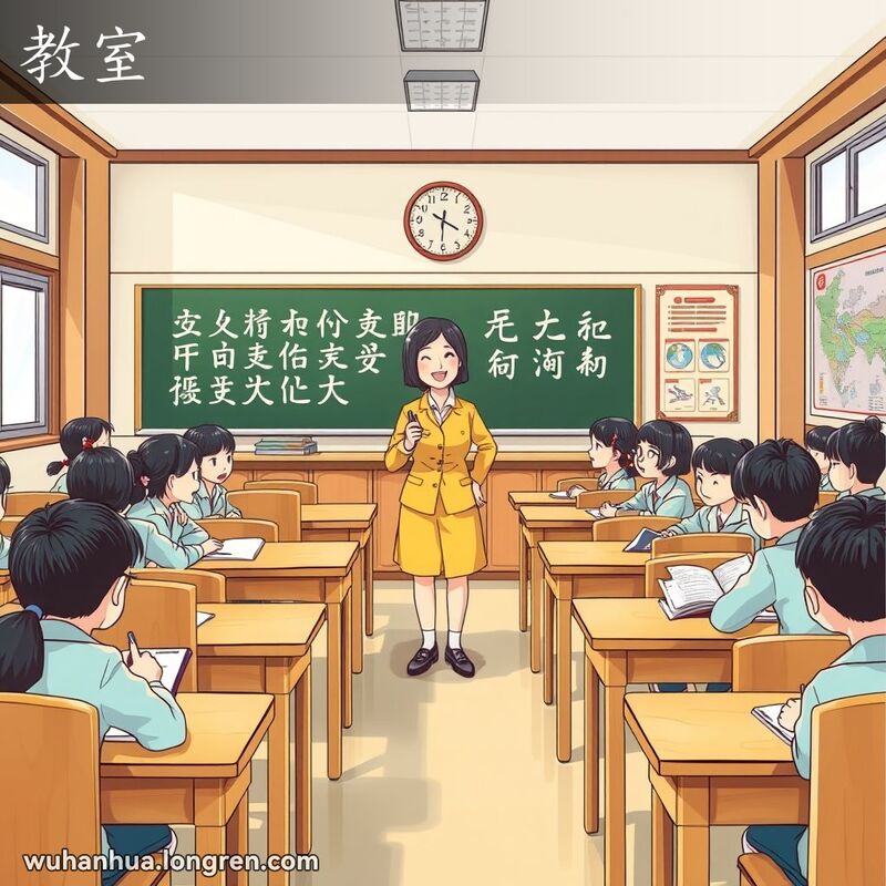 一个武汉学校的教室，老师在黑板前讲课，学生们专注听讲和做笔记，教室明亮，墙上挂着教育海报。