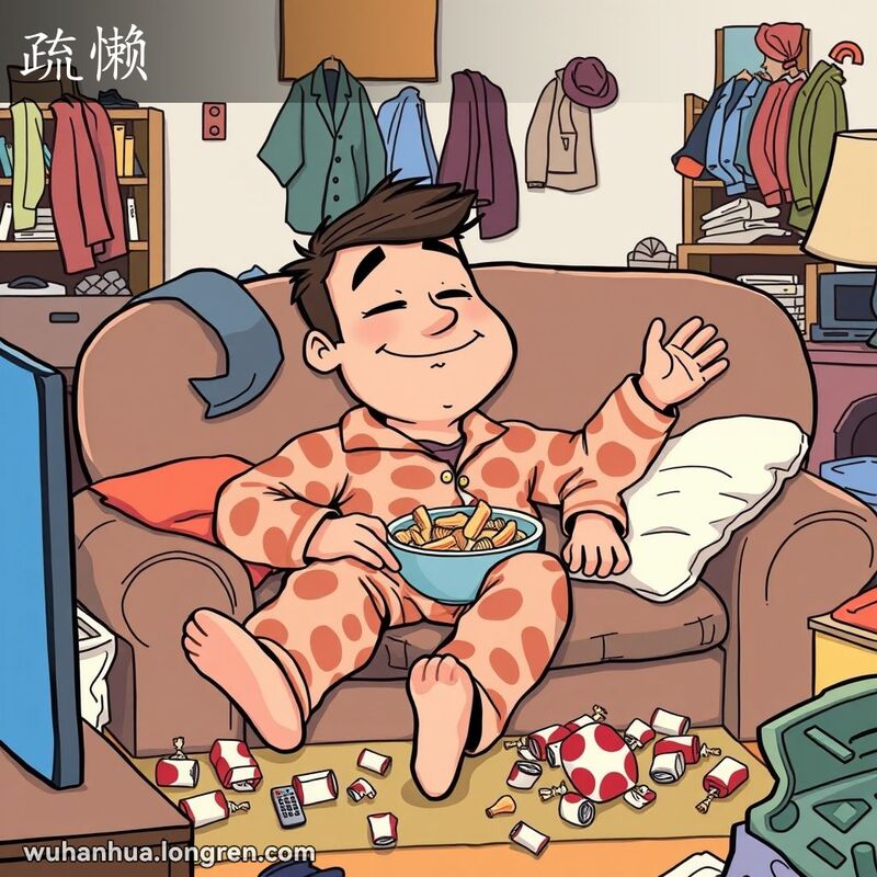 一个懒惰的人躺在沙发上，手里拿着零食，周围凌乱，反映出极度懒惰的状态。