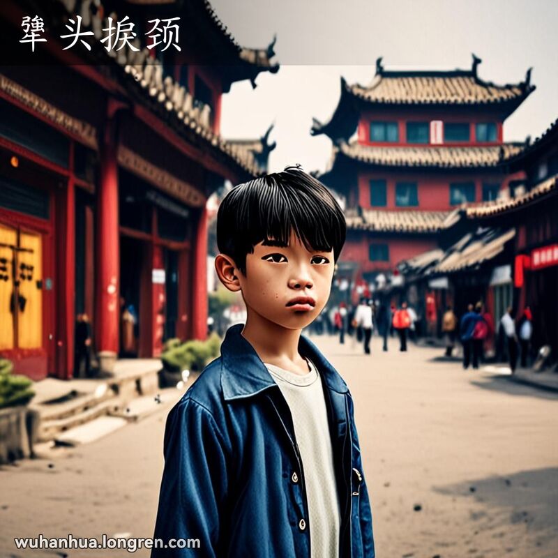 一位武汉小男孩头歪着，脖子扭曲，表情倔强，背景是武汉老街景