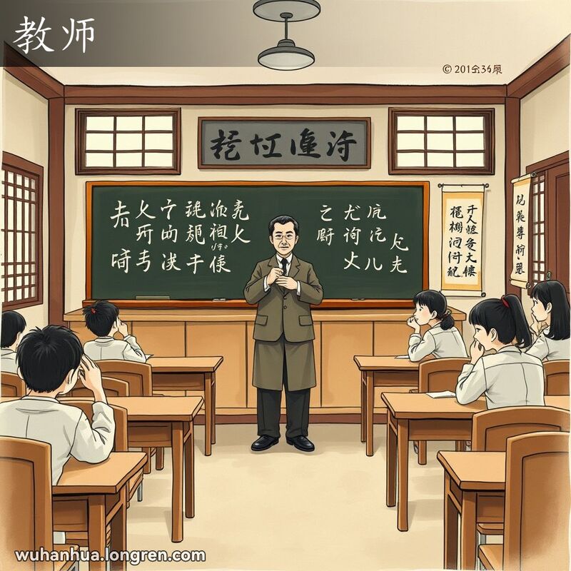 传统中国教室场景，老师站在讲台前，学生们坐在座位上，背景有老式木窗和书法条幅