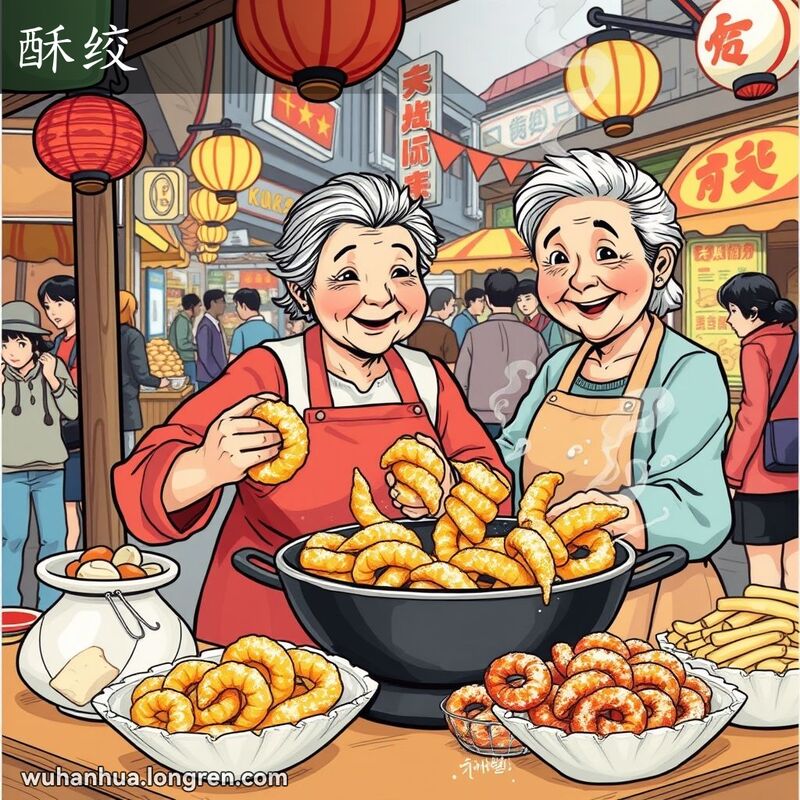 武汉街头摊贩制作酥绞，背景是热闹的市场和其他小吃摊位