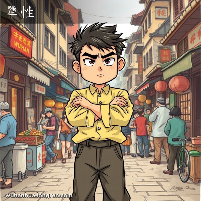 一位年轻男子在武汉街头市场，双臂交叉，表情固执，背景是热闹的街景