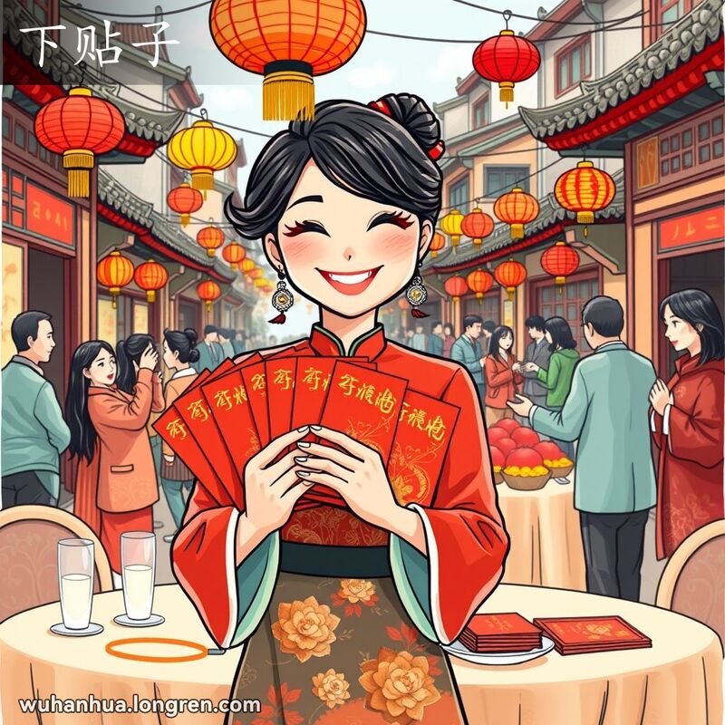 一位武汉女子在宴会桌前发放红色请柬，背景是热闹的街景和彩灯