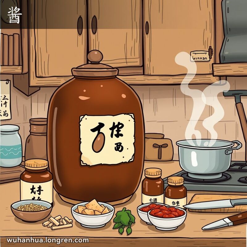 传统武汉厨房，展示豆瓣酱、芝麻酱等糊状调味品和食品，温馨生活氛围。