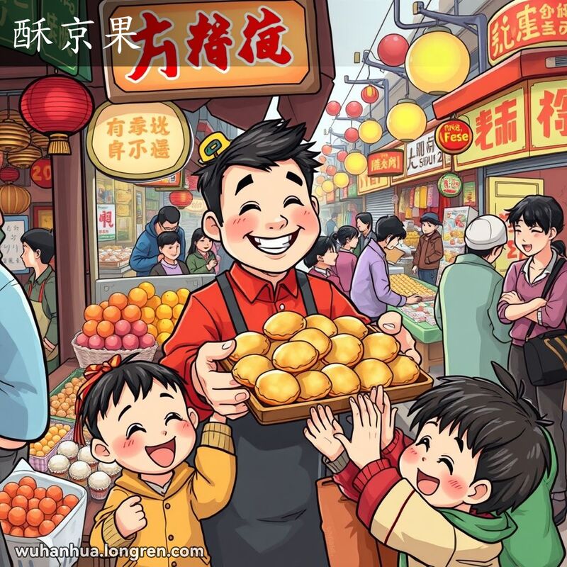 武汉街头市场，摊主微笑着向孩子们展示“酥京果”，背景是热闹的市场和各种小吃摊位。