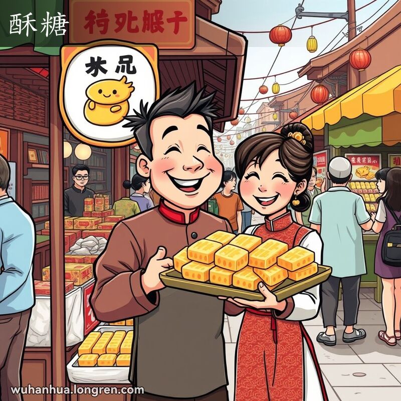 武汉传统市场中，摊主微笑着展示“酥糖”甜点，背景是热闹的市场场景