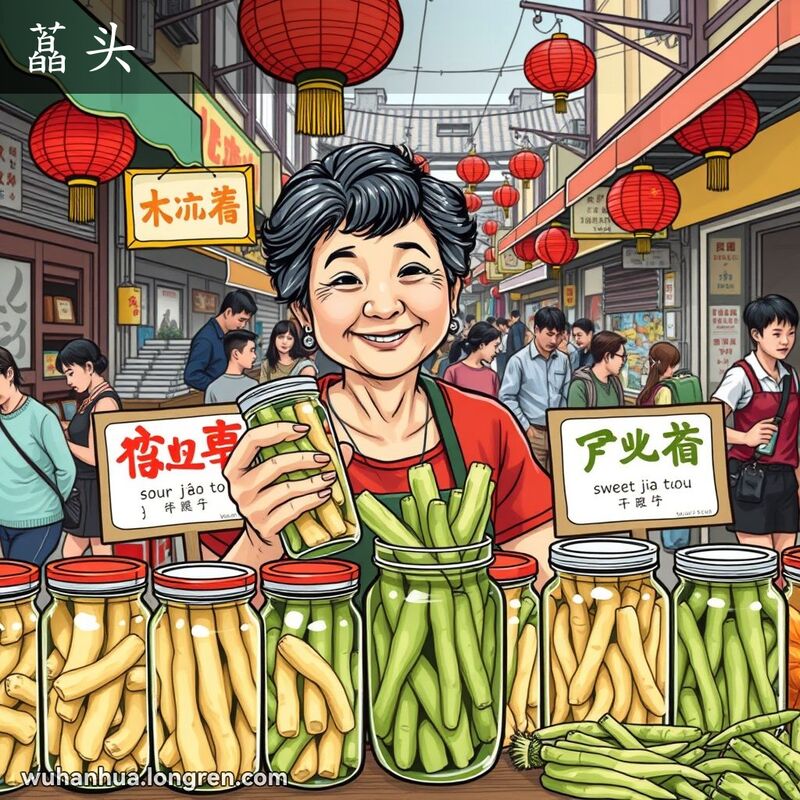 武汉街头市场摊位展示腌制蒜薹（藠头），摊主微笑手持一罐，背景有传统书法招牌和热闹的市场场景。
