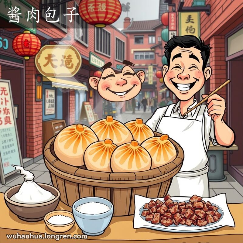 武汉街头小贩微笑着站在蒸笼后，蒸笼中是刚出炉的酱肉包子，背景有制作原料和老街景
